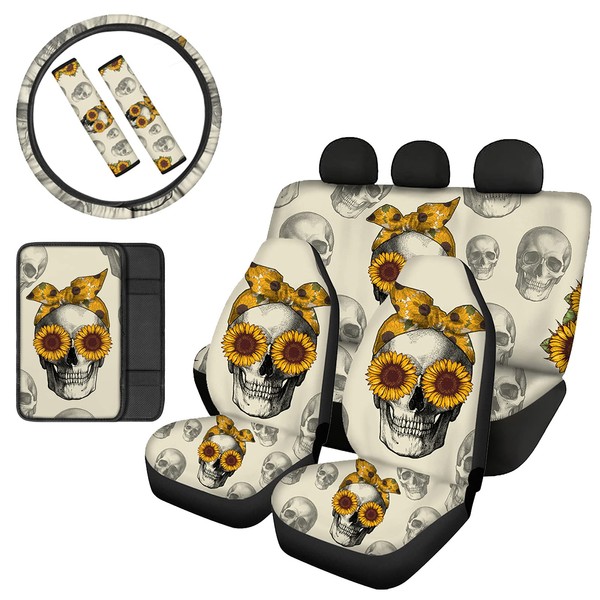 Biyejit Sunflower Skull Car Seat Covers Full Set with Shoulder Seatbelt Pads Steering Wheel Protector Armrest Cover 8pcs Auto Interior Decorations