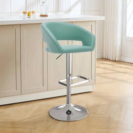 Adjustable Swivel Bar Stool with Arms, Hollow Back & Footrest, Modern PU Leather Counter Height Stools, Gas Lift Bar Chair for Kitchen Island, Home Bar, Dining Room (Mint Green, Chrome Base)