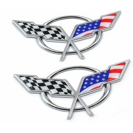 Pair Set Front & Rear Crossed Flags Emblems Car Badge Replacement for 1997-2004 Corvette C5 19207384 19207385 (US Flag-Chrome)
