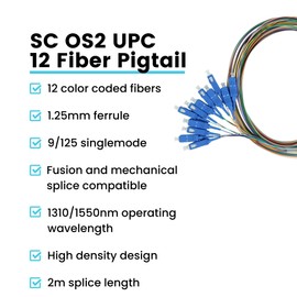 trueCABLE 12 Fiber SC UPC OS2 Singlemode PVC (LSZH) 0.9mm, 12 Color Fiber Optic Pigtail Fusion and Mechanical Splice Singlemode 9/125 900um Tight Buffer, 2m