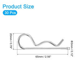 sourcing map 30Pcs 3mmx65mm 304 Stainless Steel R Shaped Spring Cotter Pins, R Clips Cotter Pin Spring Fastener for Household Appliances, Sports Equipment, Car Mechanics Repair (Silver)