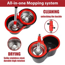 Spin Mop and Bucket with Wringer Set, 360 Spinning Mop Bucket System with 3 Microfiber Mop Replacement Heads, Mop and Bucket with Wringer Set for Home
