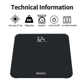BAGAIL Bathroom Scale, Digital Weighing Scale with High Precision Sensors and Tempered Glass, Ultra Slim, Step-on Technology, Shine-Through Display - 15Yr Guarantee Black