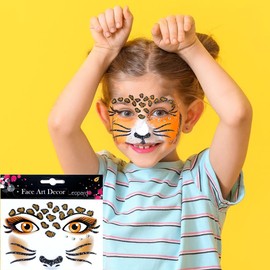Leopard Face Tattoo Stickers Tiger Lion, Leopard Print Cat Face Gems for Women Party Birthday Cosplay Face Temporary Tattoo for Makeup 2 sheets (style 1)