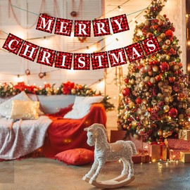 CoFlink Christmas Vintage Decorations Banners - 6.5FT Double-Sided Red Merry Xmas Sign with 12Pcs Letter for Xmas Vintage Tree Banner Sign for Indoor Bedroom Fireplace Mantel Home Door Retro Decor