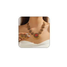Bethynas Indian Jewelry Set for Women Boho Gold Crystal Flower Choker Necklace Retro Dangle Drop Earrings Traditional Bridal Wedding Belly Dance Accessories Set (Red)
