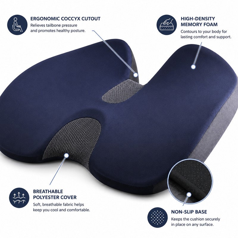 Foldable Memory Foam Seat Cushion – Non-Slip Coccyx & Tailbone