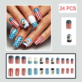 24Pcs Independence Day Fireworks Press on Nails Medium Square 4th of July Stripes Fake Nails Gradient Stars design False Nails Full Cover Stick on Nails Memorial Day Nails for Women Nail Decoration