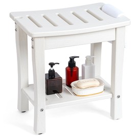 FLYJOE Shower Bench for Shaving Legs, Waterproof HDPE Chair Seat With Storage Shelf and Handles, Spa Stool for Bath Tub Bathroom Indoor Outdoor Use, White