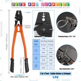 Glarks 132Pcs 14'' Long 1/16, 5/64, 3/32, 7/64, 1/8 inch Wire Rope Crimping Tool with Wire Rope Crimp Ferrules, Stainless Steel Cable Thimbles and Anti-Cutting Gloves