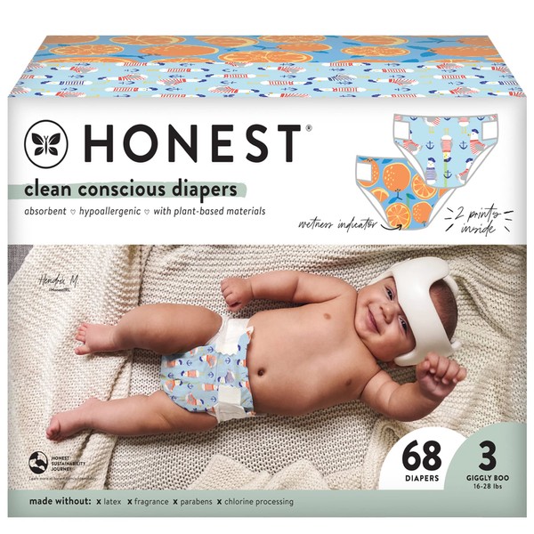 The Honest Company Clean Conscious Diapers | Plant-Based, Sustainable | Orange You Cute + Feeling Nauti | Club Box, Size 3 (16-28 lbs), 68 Count