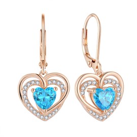 Oskani 925 Sterling Silver Heart March Birthstone Aquamarine Color Earrings for Women Dainty Dangle Drop Leverback Earrings with Rose Gold Plated 5A Cubic Zirconia Jewelry Birthday Presents for Wife