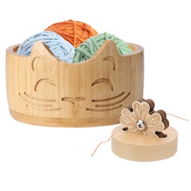 Lvjkes Yarn Bowl, 17 x 10 cm Wooden Cat Ear Wool Bowl, Flower Shape Thread Cutter Sewing, Handmade Creations, Use for Yarn Storage, Knitting Crochet Accessories