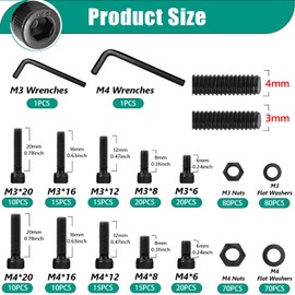 Taiss 450PCS M3 M4 Screw Kit,Hex Socket Head Cap Screws Assortment with Nuts and Washers M3、M4 x 6/8/12/16/20mm,12.9 Grade Alloy Steel Black Small Metric Screws,M3 M4 Bolts for 3D Printing