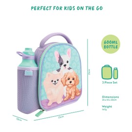 Polar Gear Pawsome Pups Insulated Kids Lunch Bag Holder and 600ml Water Bottle, Polyester, 600 milliliters, Purple