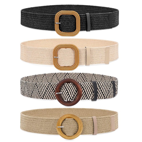 Set of 4 Straw Woven Elastic Stretch Waist Belts for