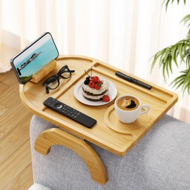 Wisreach Bamboo Sofa Tray Table, Clip-On Tray Sofa Table - 15” L x 10.2” W, Anti-Slip Sofa Armrest Tray Table with 360° Phone Holder, Couch Arm Table for Eating, Drinks, Snacks, Remote, and Pen