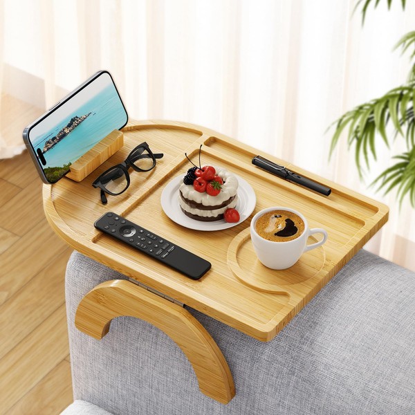 Wisreach Bamboo Sofa Tray Table, Clip-On Tray Sofa Table -