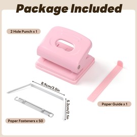 ALXBSONE Two Hole Punch, Punch Combo Set with 50 Paper Fasteners, Paper Punch, 2 Hole Punch for Binders, Classrooms, Offices, and Homes(Pink)