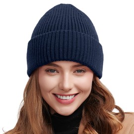 50% Wool Thick Beanie Hat for Men Women, Seamless Winter Knit Skull Cap, Cuffed Fisherman Beanie Warm Trawler Watch Cap, Navy