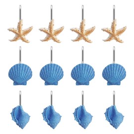 Grace life Set of 12 Starfish Seashell Conch Style Shower Curtain Hooks Rust Proof Rings Bathroom Hangers Resin Decorative Shower Curtain Hook