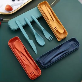 3in1 Portable Travel Cutlery Set with Case - Reusable Utensil Set (Spoon, Fork, Knife)