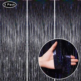BEAYFILY 3 Pack Fringe Curtains Party Decorations,Tinsel Backdrop Curtains for Parties,Photo Booth Wedding Graduations Birthday Christmas Event Party Supplies (Black)
