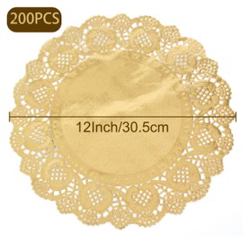 ANTETOK Doyley Lace Paper Doilies Disposable Placemats 12 Inch 200pcs Elegant Paper Doilies Lace for Party, Cakes, and Crafts,Gold