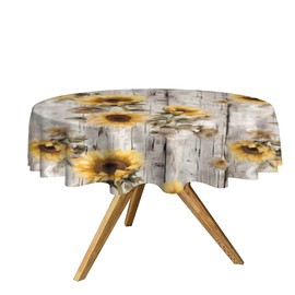 Wipe Clean Tablecloth Round 60 Inches (150 x 150 cm), Garden Tablecloth with Retro Sunflower Motif, Decorative Table Decoration for Kitchen, Dining Room, Outdoor Tablecloth Weatherproof