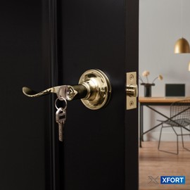 XFORT Cabriole Entrance Knob Set Polished Brass, Door Knob with Lock for Internal Wooden Doors, Complete Set with Tubular Latch and 3 Keys