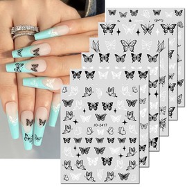 6 Sheets Butterfly Nail Art Stickers Decal 3D Self-Adhesive Nail Decals Holographic Black White Butterflies Star Nail Art Supplies Butterfly Designer Nail Stickers for Acrylic Nails Art Decorations