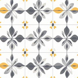 HOMETITUTE 10PCS 12x12 Inch Gray Yellow Floral Geometric Flat Surface Peel and Stick Floor Tiles Removable Self Adhesive Vinyl Flooring Stickers for Bathroom Kitchen Living Room Entryway Home Decor