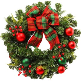 MUMTOP 20 Inch Pre-Lit Christmas Wreath for Front Door with Lights, Large Lighted Christmas Wreath with Red Bowknot for Fireplace Window Outdoor Holiday Home Decoration