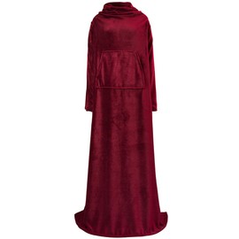 PAVILIA Premium Fleece Blanket with Sleeves for Women, Men, Adult | Warm, Cozy, Extra Soft, Microplush, Functional, Lightweight Wearable Throw (Wine Red, Kangaroo Pocket)