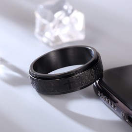 Adreamz Our Father Prayer Spinner Ring Black Stainless Steel Religious Cross Serenity Prayer Fidget Spinner Ring for Anxiety Lord's Prayer Rotatable Ring 11.5