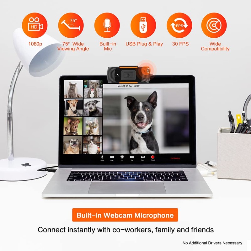 LYCANDER USB Webcam with Built-in Microphone, 1080p Full HD, 30fps,