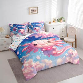 Feelyou Kids Cute Axolotl Bed in A Bag Twin Size, Sealife Comforter Set with Sheets Cartoon Salamander 7 Pieces Bedding Set Boys Girls Cherry Blossoms Teens Bed Set Bedroom Decor 7Pcs