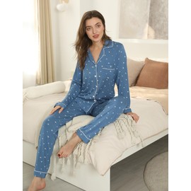Samring Womens Pajamas, Button Down Fall Long Sleeve Pajama Pants Set Sleepwear Lake Blue Star S