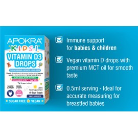 Vitamin D Drops Baby & Kids - Vegan - 60 Days Supply – 30mL – Preservative Free and Sugar Free Kids Vitamins - VIT D 400IU in MCT Oil - 10 micrograms per 0.5mL | APOKRA Kids
