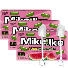 Mike and Ike Chewy Candy – 3 Pack of Movie Theater Boxes (4.25 OZ Each) + Candy Freezer Mini Metal Spoons – Perfect for Movie Nights & Sharing (Sour Watermelon) - Metal Spoons