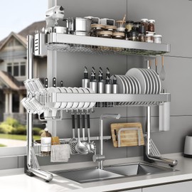 CUISIBOT Over The Sink Dish Drainer Drying Rack 3 Tier, Full Stainless Steel Dish Drying Rack Adjustable Length 20.9''-37.4'', Kitchen Sink Shelf, Organized Space-Saving Dish Rack