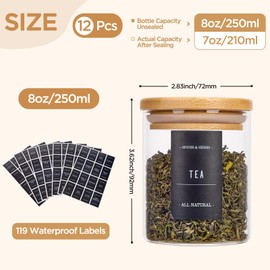 datmox 8oz Spice Jars with Bamboo Airtight Lids and Labels, 12 pcs Small Glass Containers with Bamboo Lids, Kitchen Organizer for Seasoning, Spice Containers for Spices, Tea, Salt, and Candy