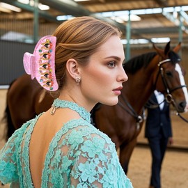 PHALIN Kentucky Derby Hair Claws for Women Horse Horseshoe Rose Hair Claw Clips Large Pink Oval Crystal Acetate Hair Clips Kentucky Derby Outfits Accessories Gifts (Pattern F)