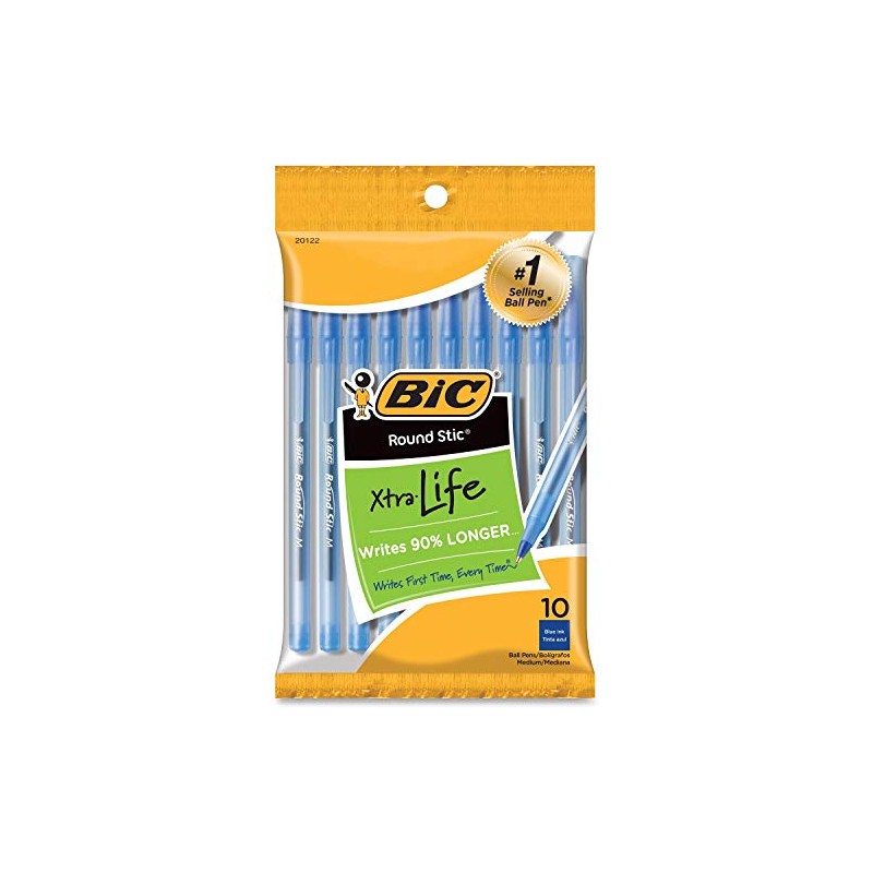 BIC Round Stic Ball Pens, Medium Point, Blue, 10-Count