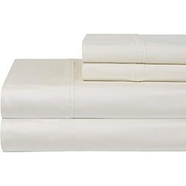 HNU 4 Pieces Pima Cotton Sheet Set Queen, Ivory Sateen Weave Deep Pocket Soft Feel Solid Color Casual Contemporary