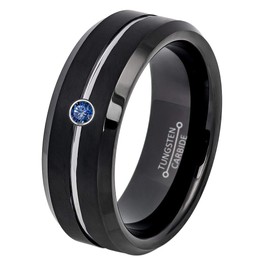 0.07ct Blue Sapphire Tungsten Ring - September Birthstone - 8MM Black Ion-plated Brushed Finish Center Grooved Beveled Edge Comfort Fit Unisex Wedding Anniversary Band -10.5