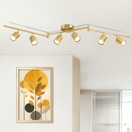 Fondiiz 6 Ways Track Lighting, Rotatable Heads Tracks Light, Track Lightings Fixtures Ceiling with Foldable Arms, Modern Gold Tracks Light for Kitchen, Living Room, Hallway(Bulbs Not Included)