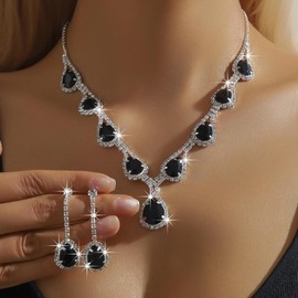 Xerling Teadrop Crystal Jewelry Necklace Brides Wedding Multi-colored Rhinestone Statement Choker Necklace for Women Party Prom with Earrings (Black)