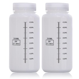 DKBT Pack of 2 Wide Mouth Bottles with Scale, 500 ml, Plastic Bottles, Empty Laboratory Bottle, Leak-Proof, Translucent HDPE Bottle for Pill Bottles, Water Sample Bottles