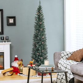 HAPPYGRILL 7 Feet Slim Pencil Christmas Tree, Snowy Artificial Xmas Tree with 351 PVC Branch Tips & 41 Pine Cones, Festival Celebration Tree for Home Office & Shop